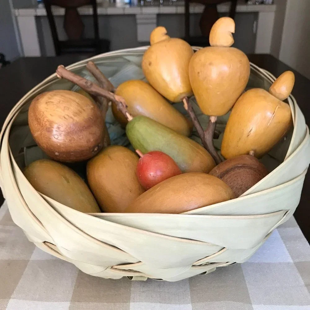 Mid-Century Modern Palm Leaf Woven Basket w/‎ Hand Carved Faux Fruit